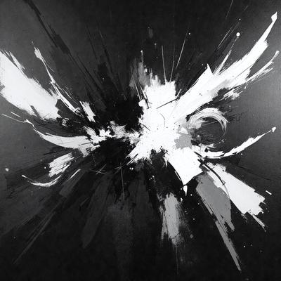 The primary subject of the image is a black and white painting of a bird. The bird is the main focus of the image, and it is depicted in a dynamic and artistic manner. The setting is a black background, which contrasts with the bird's white and black colors. The visual style of the painting is reminiscent of a digital art or illustration, with a strong emphasis on the bird's shape and form. The overall atmosphere of the painting is one of elegance and grace, as the bird is